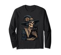 Witch Skeleton Hugging Black Cat Halloween Cats Mom Dad Long Sleeve T-Shirt