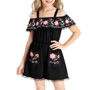 Witch Skirt Carnival Girls Off Shoulder Mexican Folk Costume Jumpsuit Rose Day Of The Dead Cosplay Outfit Elegant Fancy Dress Party Wear(Black,9-10 Years)
