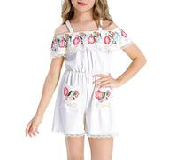 Witch Skirt Carnival Girls Off Shoulder Mexican Folk Costume Jumpsuit Rose Day Of The Dead Cosplay Outfit Elegant Fancy Dress Party Wear(White,5-6 Years)