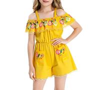 Witch Skirt Carnival Girls Off Shoulder Mexican Folk Costume Jumpsuit Rose Day Of The Dead Cosplay Outfit Elegant Fancy Dress Party Wear(Yellow,5-6 Years)