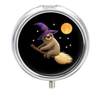 Witch Sloth On Magic Broomstick Pill Box Round Pill Organizer Pill Case | Pill Holder,3 Compartment,Medicine Organizer,Portable,Pill Container,for Travel Pocket Purse