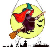 Witch Stained Glass, 2D Witch Decor Riding Moon, Acrylic Witch Moon Decor - Halloween Home Witch Gothic Decor For Bedroom Kitchen Home Accent