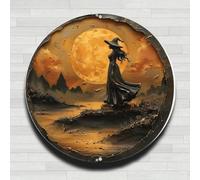 Witch Stands Beneath Harvest Moon Vintage Rustic Aluminum Metal Round Wall Sign -8in Indoor Outdoor Gifts And Decor for Home, Office, Cafe & Yard