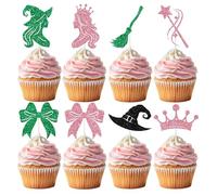 Witch Themed Cupcake Toppers, Pink and Green Cupcake Decorations, Pink Goes Good with Green, Princess Witch Birthday Party Decortions 16pcs