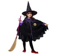 Witch Themed Fancy Dress Girls Halloween 2 Pieces Outfit Lace Cobweb Pattern Cape Cloak With Purple Feather Trim And Matching Pointed Witch Hat Kids Themed Party Wear For Children Masquerade Gathering
