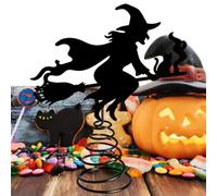 Witch Tree Topper Halloween,Black Iron LED Silhouette,Flying Cat Yard Decor