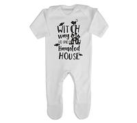 Witch Way to The Haunted House [HALLO19] Baby Romper Jumpsuit with feet, 0-3 Months, White