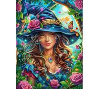 Witch with A Blue Hat Surrounded by Roses 300 Piece Complete DIY Jigsaw Puzzle Fairy Tale Scenery Cartoon Collectors Mind Relaxation Educational Decorative Puzzle Gifts for Adults Recycled Cardboard