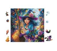 Witch with Broom Garden 100 Pieces Set Classic Jigsaw Puzzle Teen Fans 14-18 Yrs Logic Skill Leisure Adventure Valentines Thick Cardboard Creativity & Gift Giving 28x28cm