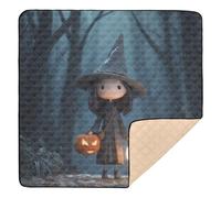 Witch with Double Pumpkin Lights Cute Foldable Baby Activity Play Mat for Floor Waterproof Playroom Activity Mat for Babies Infants Toddlers, 50'' x 50''