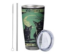 Witch with lid and straw tumbler Vintage Skull Cranium Moon Cat Gothic Tree Pattern Word green black Stainless Metal Hot And Cold Shatterproof Office Outdoor Club Dorm Coffee drinking cup 20 Ounce