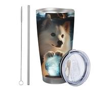 Witch with lid tumbler Set Of 1 Wear Mgic Hat Cute Dog Funny Crystal Ball Wooden Aesthetic white blue Stainless Metal Hot And Cold Shatterproof Office Outdoor Club Dorm Coffee drinking cup 20 Ounce
