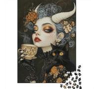 Witchcore Tea Time with Black Cat Familiar 1000 Piece Puzzle for Pet Theme Lovers, 70x50cm/1000pcs