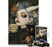 Witchcore Tea Time with Black Cat Familiar 1000 Pieces Puzzles for Teenagers Logical Think Happy Idle Time Neat Cut (50x75cm)