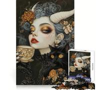 Witchcore Tea Time with Black Cat Familiar for Adults 1000 Piece Puzzle Think Training Serene Escape Defined Edges Creative Gift (38x26cm)
