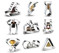 Witchcraft and Wizardry Cookie Cutters Set 9-Piece Halloween Witch and Wizard Cookie Cutter with Witch's Hat, Glasses, Lightning Bolt, Owl, Magic Castle, Triangle, Goblet of Fire Cup, Robe and Tie