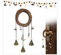 Witchcraft Bells Door Hangers Decor, Round Handmade Rattan Wreath Wind Chimes Hanging, Witch Decorations Doorknob, Home Protection Door Bell, Good Luck Blessing Witchy Supplies for House Warming