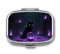 Witchcraft Cat Travel Pill Box, Travel Pill Organizer with 2 Compartments, Weekly Pill Case with Mirror for One Day, Medicine Organizer for Purse