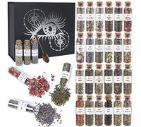 Witchcraft Supplies Herbs and Flowers Kit - 24 Pieces of Natural Dried Herbs Set with Crystals Spoon - Witchy Beginners Experienced Dried Herbs Box for Spells Rituals Room Altar Decor