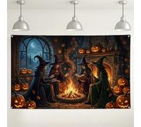Witches Backdrop, Mystical Gothic Pumpkins Fire Halloween Orange Photo Backdrop for Family Gathering Celebration Photo Shoot 71x43 Inch