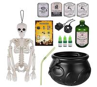 Witches Bowl Skeleton PVC Witch Bucket With Skeleton With Floating Potion Bottles S-keleton Mist Maker Halloween Decorations For Home, Porch, Outside