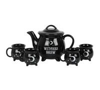 Witches Brew Ceramic Tea Set - Cauldron Teapot & 4 Cups For Coven Tea
