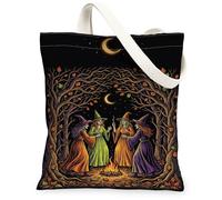 Witches Canvas Tote Bag, Mystical Artistic Moon Fire Halloween Black Everyday Tote Bag 13x15 Inch, Black, 13x15 Inch
