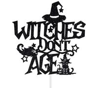 Witches Don’t Age Cake Topper, Halloween Witch Birthday Party Decoration Supplies, Gothic Witch Birthday Decoration, Halloween Girl Woman Happy Bday Decor Black Glitter