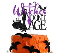 Witches Don't Age Cake Topper, Happy Birthday Witch, Witch Birthday, Halloween Happy Bday Party Decorations for Grils Women, Black and Purple Glitter
