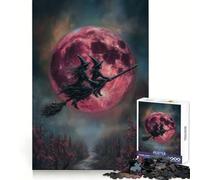 Witches Flying on Broomstick with Red Moon 1000 Pieces Jigsaw Puzzles for Teenagers Clear Thinking Gentle Engagement Firm Interlock Nice Gift (38x52cm)