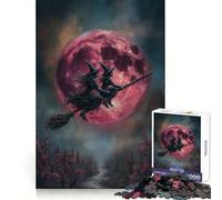 Witches Flying on Broomstick with Red Moon Adults Puzzles 1000 Piece Jigsaws Strategic Think Mindful Escape Precise Fit Nice Gift (50x75cm)