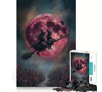 Witches Flying on Broomstick with Red Moon Jigsaw Puzzle 1000 Piece Mind Train Fun Burr Free Clean Cut Pieces Absorbing Activity for Quiet Nights (38x52cm)
