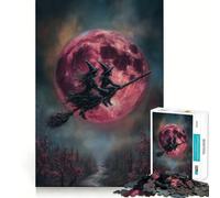 Witches Flying on Broomstick with Red Moon Puzzles for Adults 1000 Pieces Mental Boost Play Neat Cut Perfect Alignment Bonding Activity for Loved Ones (50x75cm)