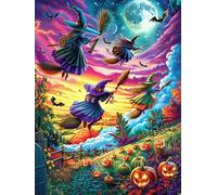 Witches Flying Over A Pumpkin Patch 500 Piece Jigsaw Puzzle for Adults Science Fiction Magical Dream Jigsaw Weekend Craft Activity Parent Child Bonding Vibrant Design Perfect Festival Gift 500 PCS