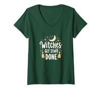 Witches Get Stuff Done Magical Moonlit Motivation V-Neck T-Shirt, Women, Forest Green, XL
