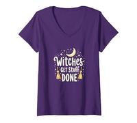 Witches Get Stuff Done Magical Moonlit Motivation V-Neck T-Shirt, Women, Purple, S