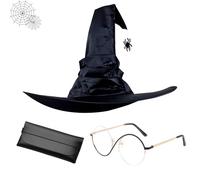 Witches Hat Set, Wicked Costumes Witch Costume Accessories, Halloween Party Cosplay with Black Gold Frame Glasses, Witch Cosplay Eyeglasses