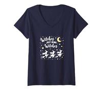 Witches Just Being Witches Moonlit Broomstick Adventure V-Neck T-Shirt, Women, Navy, S