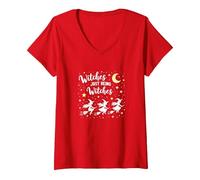 Witches Just Being Witches Moonlit Broomstick Adventure V-Neck T-Shirt, Women, Red, L