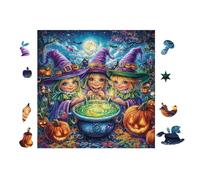 Witches with Cauldron at Halloween 100-piece Jigsaw Puzzle Set For Adults Teens 14+ Logic Skill Indoor Game Family Game Night Summer Durable Material 28x28cm