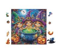 Witches with Cauldron at Halloween 100 Pieces Premium Jigsaw Puzzle Adult Jigsaws Educational Challenge Mental Exercise Wall Art Winter Rigid Cardboard 28x28cm