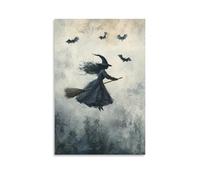 Witching Hour Witch on Broomstick Dark Academia Halloween Rustic Vintage Wall Art Paintings Canvas Prints Poster Artwork for Living Room Bedroom Bathroom Office Home Decor 16x24inch(40x60cm)