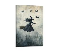 Witching Hour Witch on Broomstick Dark Academia Halloween Rustic Vintage Wall Art Paintings Canvas Prints Poster Artwork for Living Room Bedroom Bathroom Office Home Decor 12x18inch(30x45cm)