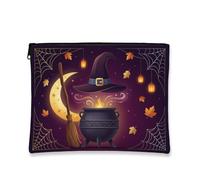 Witch's Hat Canvas with Zipper, Fanciful Seasonal Cauldron Broom Halloween Violet Portable with Zipper Mini Makeup Bag for Travel, Bathroom, Vanity, Purse Storage and Gifts, Purple, 7x9 Inch
