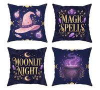 Witch's Hat Throw Pillow Covers Set of 4, Fanciful Magical Magic Spells Moonlit Night Halloween Violet with Hidden Zipper Pattern Pillow Covers for Home Living Room Bedroom Dorm Couch Decor 14x14 Inch