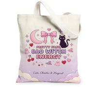 Witchy Aesthetic Quote Cat Fanciful Canvas Tote Bag 13x15 Inch | Peach Bow Accents, Crescent Moon Motif, Charming Ghost Icons, Pastel Gradient Background, Fanciful Typography