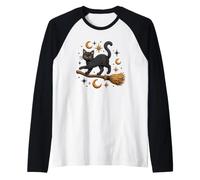 Witchy Black Cat Flying Broom Celestial Magic Raglan Baseball Tee