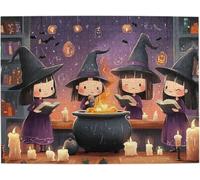 Witchy Book Club in Library Wood Jigsaw Puzzles Adult Spell Study Scene with Cauldron and Candlelight Halloween Decor Activity for Witchcraft Enthusiasts Friends Puzzle Time Gift_300pcs