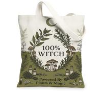 Witchy Botanical Mushroom Quote Fanciful Canvas Tote Bag 13x15 Inch, Green