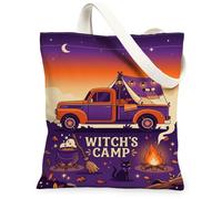 Witchy Camping Truck Theme Halloween Canvas Tote Bag 13x15 Inch, Purple